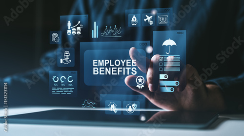 Employee benefits digital interface with icons and metrics over tablet on dark background representing workplace perks and human resources features.