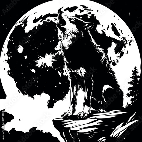 Gothic wolf vector. Night creature howling at moon in dramatic pose.