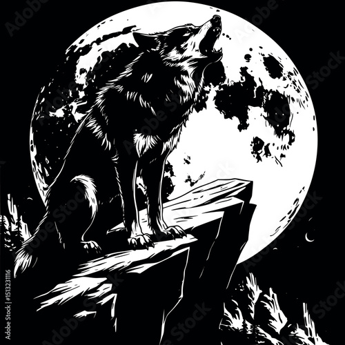 Gothic wolf vector. Night creature howling at moon in dramatic pose.