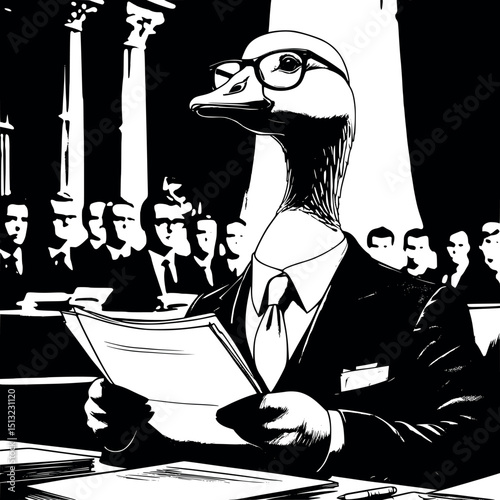 Goose lawyer in courtroom – funny vintage-style engraved vector illustration