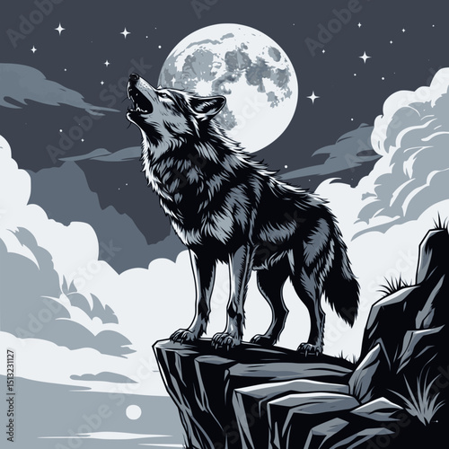 Gothic wolf vector. Night creature howling at moon in dramatic pose.