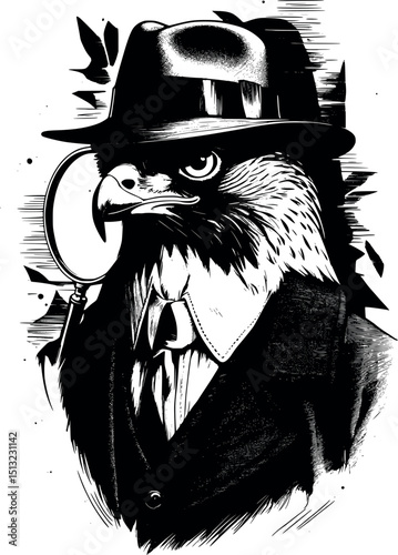 Detective hawk with hat and magnifying glass – humorous noir-style engraving vector