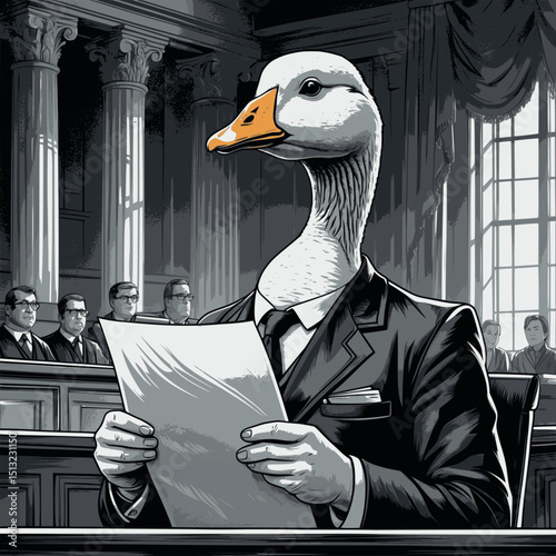 Goose lawyer in courtroom – funny vintage-style engraved vector illustration