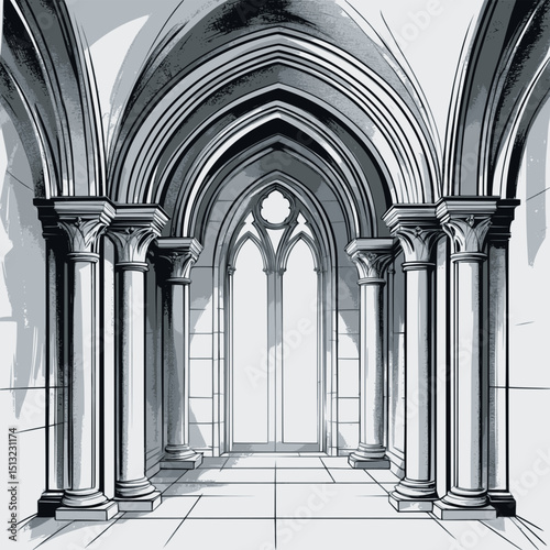 Gothic arch vector. Interior architectural element with vertical grace and gothic form.