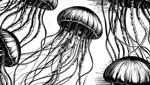 Floating jellyfish in linocut. Retro vector with flowing tendrils and vintage marine texture.