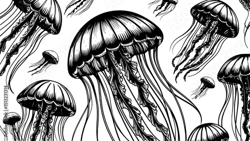 Floating jellyfish in linocut. Retro vector with flowing tendrils and vintage marine texture.