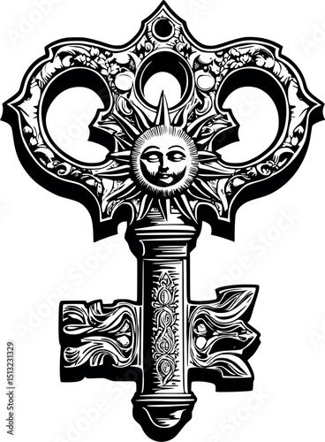 Gothic key vector. Symbolic gateway artifact with celestial design.