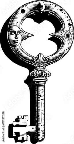 Gothic key vector. Symbolic gateway artifact with celestial design.