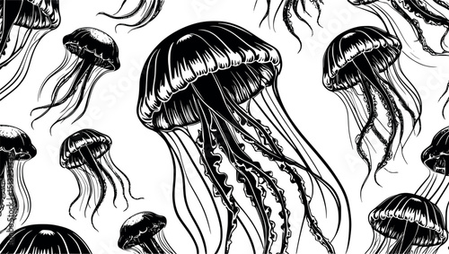 Floating jellyfish in linocut. Retro vector with flowing tendrils and vintage marine texture.