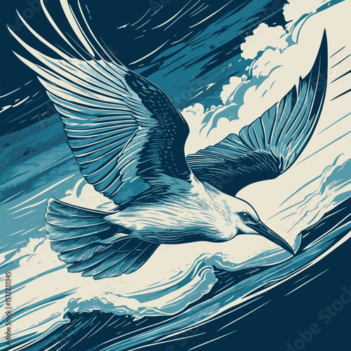 Frigatebird in linocut flight. Vector marine bird with forked tail and dramatic wingspan.