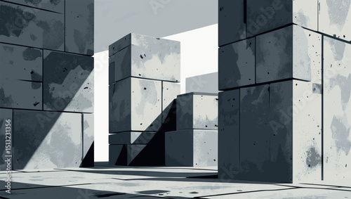 Brutalist block geometry. Vector minimal composition with concrete textures and grayscale tones.
