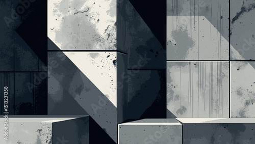 Brutalist block geometry. Vector minimal composition with concrete textures and grayscale tones.