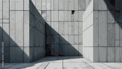 Brutalist block geometry. Vector minimal composition with concrete textures and grayscale tones.