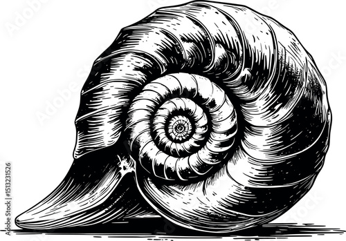 Nautilus shell in linocut. Retro-style vector with spiral symmetry and scientific engraving effect.