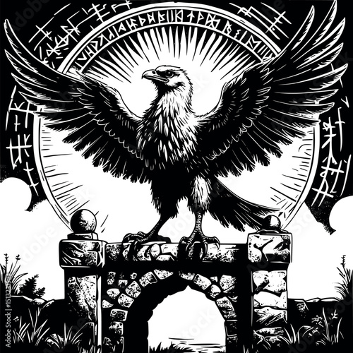 Guardian bird at gate of worlds. Vector linocut with mythic symbols and protective energy.