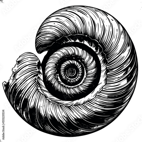 Spiral shell cross-section. Vector linocut of nautilus form with golden ratio engraving.