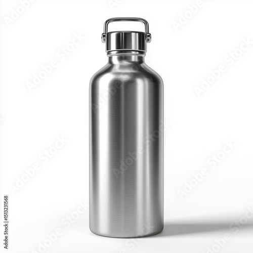 Silver stainless steel water bottle on plain bright white background no shadows, eco-friendly drinkware, minimalist and sleek