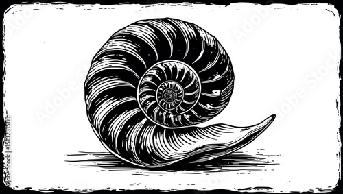 Nautilus shell in linocut. Retro-style vector with spiral symmetry and scientific engraving effect.