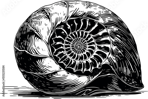 Nautilus shell in linocut. Retro-style vector with spiral symmetry and scientific engraving effect.