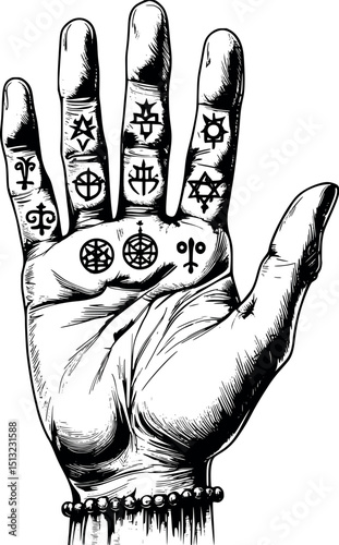 Palmistry hand vector. Gothic occult illustration of open hand with astrology signs.