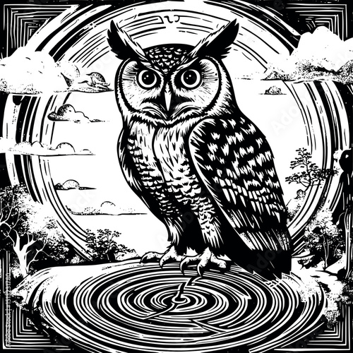 Triple-eyed owl of vision. Symbolic vector linocut with spiral path and mystic knowledge.