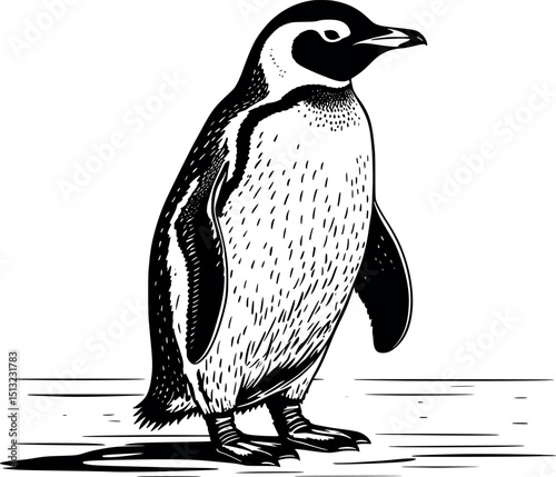 Penguin on ice in linocut style. Retro vector with dense feather texture and minimal posture.