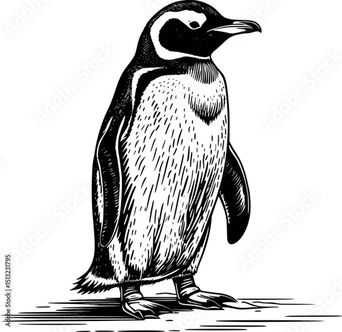 Penguin on ice in linocut style. Retro vector with dense feather texture and minimal posture.