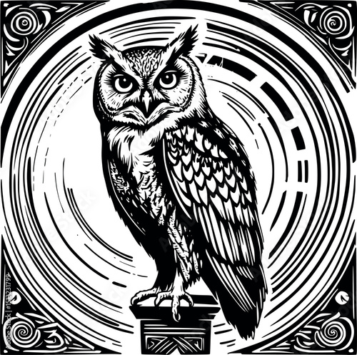 Triple-eyed owl of vision. Symbolic vector linocut with spiral path and mystic knowledge.