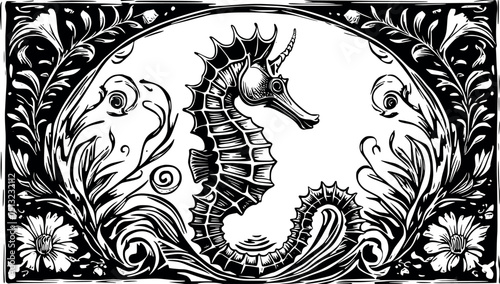 Ornate seahorse linocut. Retro marine vector with curled tail and handcarved engraving lines.