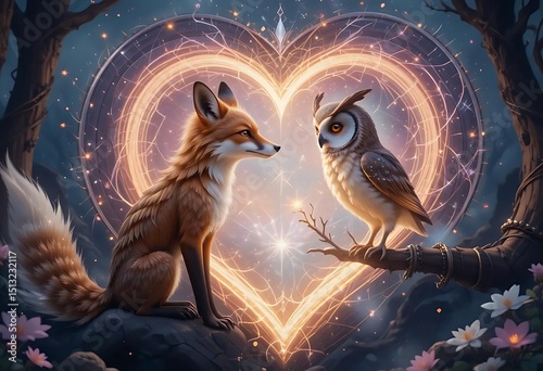 Fox and Owl Gazing at Each Other with Glowing Heart in Background