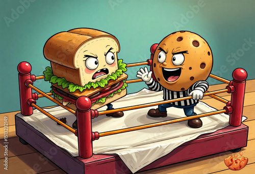Animated sandwich and cookie characters facing off in a wrestling ring competition