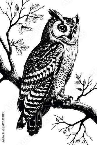 Side view engraving-style owl on branch. Black and white vector bird with intricate detail