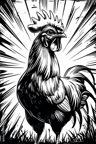 Rooster crowing at sunrise – bold engraving-style vector with rustic vintage charm