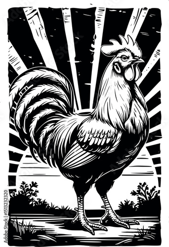 Rooster crowing at sunrise – bold engraving-style vector with rustic vintage charm