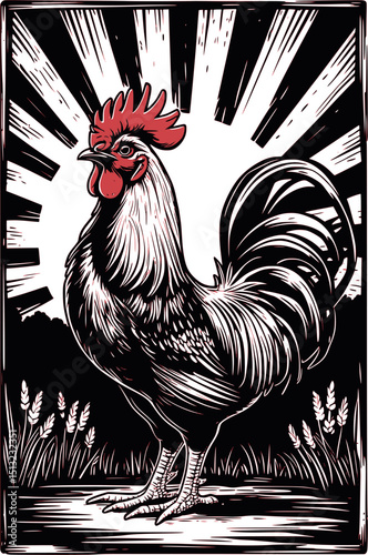 Rooster crowing at sunrise – bold engraving-style vector with rustic vintage charm