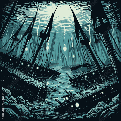 Wreck forest beneath the sea. Linocut vector of ghost fleet and glowing ruins on ocean floor.