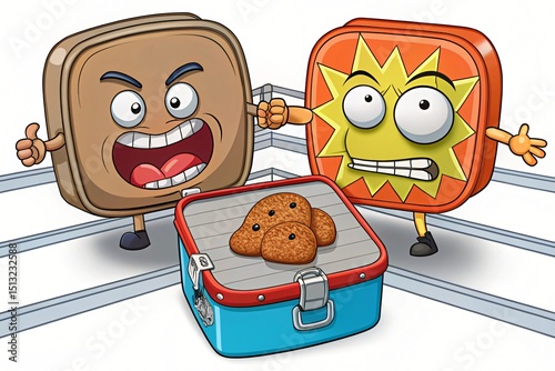 Cartoon lunch boxes fighting over cookies representing childhood snacks and food