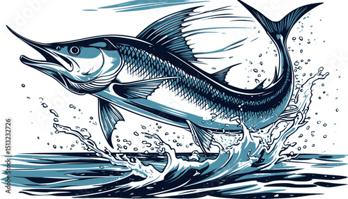 Swordfish leap in linocut style. Retro marine vector with dramatic motion and engraving lines.