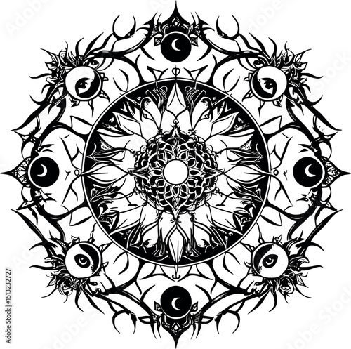 Gothic mandala vector. Occult circle with celestial and symbolic elements.