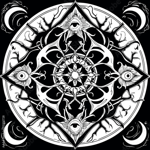 Gothic mandala vector. Occult circle with celestial and symbolic elements.