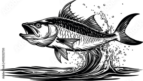 Swordfish leap in linocut style. Retro marine vector with dramatic motion and engraving lines.