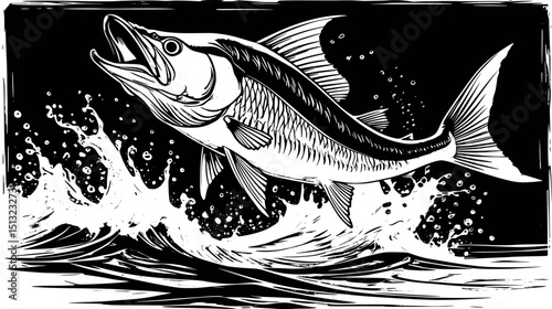 Swordfish leap in linocut style. Retro marine vector with dramatic motion and engraving lines.
