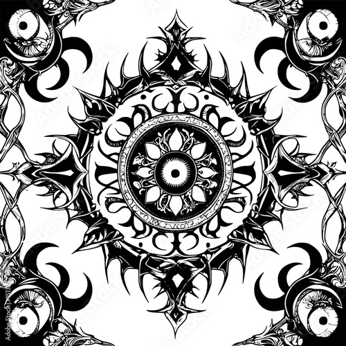 Gothic mandala vector. Occult circle with celestial and symbolic elements.