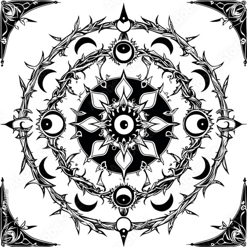Gothic mandala vector. Occult circle with celestial and symbolic elements.