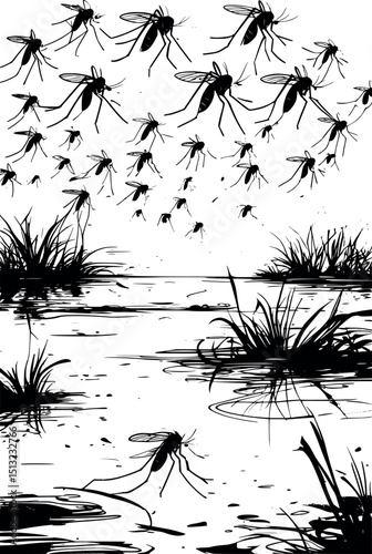 Chaotic swarm of mosquitoes over swamp – vector sketch illustration