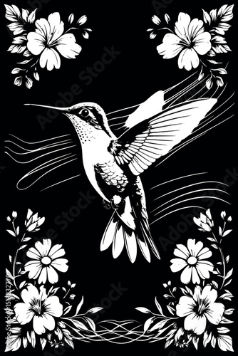 Vintage engraving of hummingbird in flight with flowers. Monochrome vector bird illustration