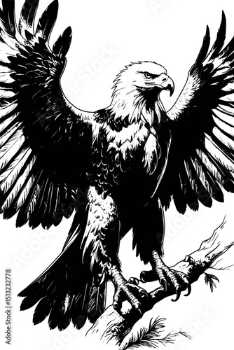 Classic engraving vector of eagle spreading wings. Detailed black ink bird illustration