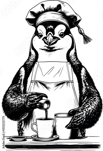 Penguin barista making coffee – funny vintage engraving-style vector with quirky character
