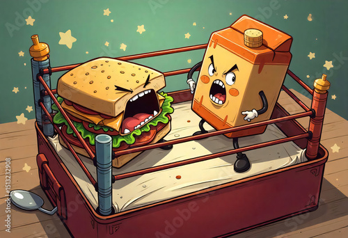 Cartoon sandwich and juice box engage in a boxing match within a lunchbox