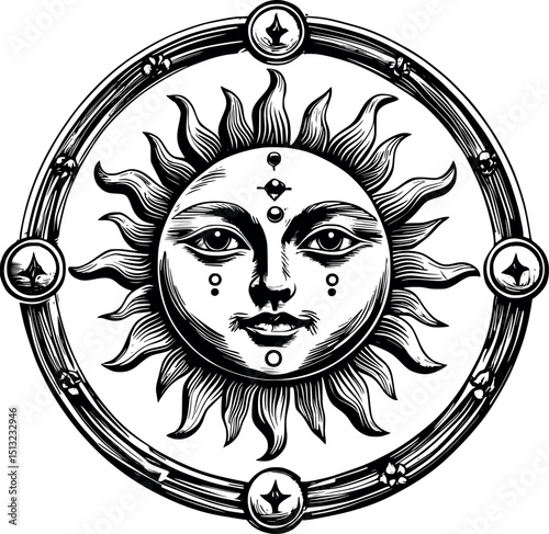 Alchemy symbol vector. Antique engraving of celestial motif with gothic tones.